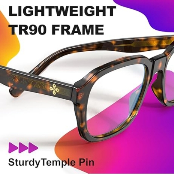 Oversized Square Blue Light Blocking Glasses Computer Tortoise Frame Eyeglasses - Picture 6 of 9